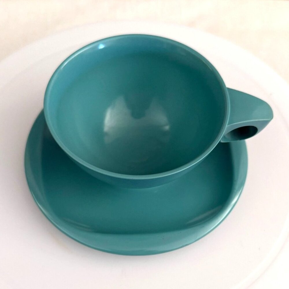 Vintage Boontonware Teal Tea Cup and Saucer Set Mid Century Modern Melamine USA - Picture 2 of 13